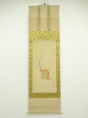 楓壹筆　立雛図　肉筆絹本掛軸（保護箱）